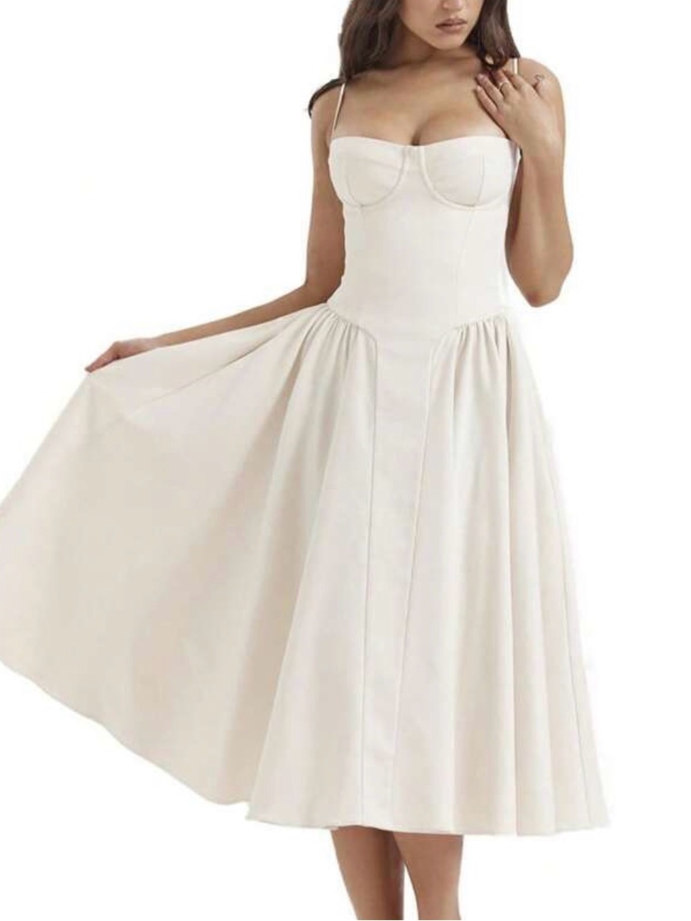 Beige Corset Midi Dress with Sweetheart Bust A Line Flared Dress